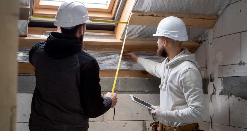 Two men discussing about roof installation and repair