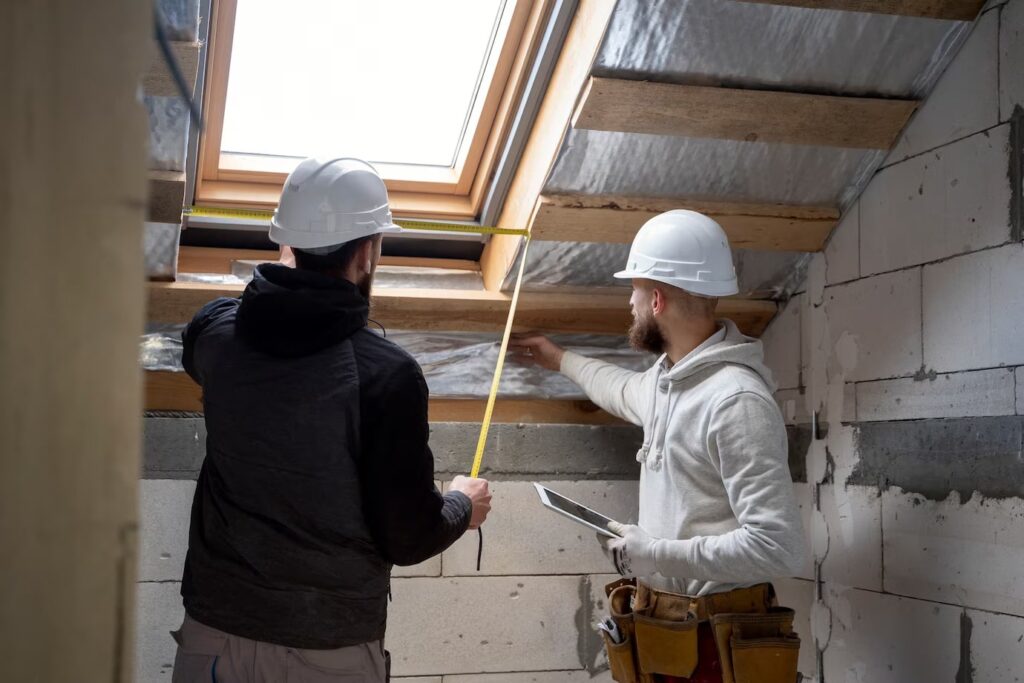 Professional roofers with helmet working on a roof project